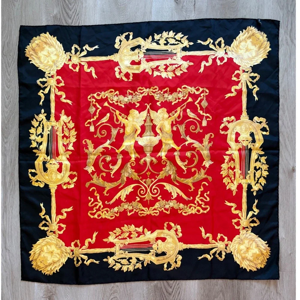 Gianfranco Ferre Silk Scarf Red Gold Baroque Lion Cherub Angels Lyre 34x34